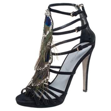 Pre Owned Sergio Rossi Black Suede Crystal And Peacock Embellished Platform Sandals Size 38