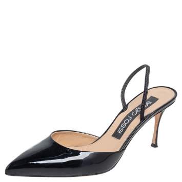 Pre Owned Sergio Rossi Black Patent Leather Pointed-Toe Slingback Sandals Size 39.5