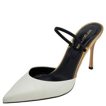Pre Owned Sergio Rossi White Leather Pointed Toe Slingback Sandals Size 37.5