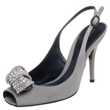 Pre Owned Sergio Rossi Grey Satin Crystal Embellished Knot Peep Toe Slingback Sandals Size 39.5