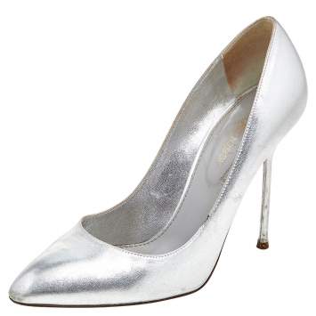 Pre Owned Sergio Rossi Metallic Silver Leather Almond Toe Pumps Size 37.5