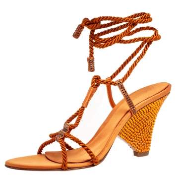 Pre Owned Sergio Rossi Rust Satin Rope Ankle-Wrap Sandals Size 41