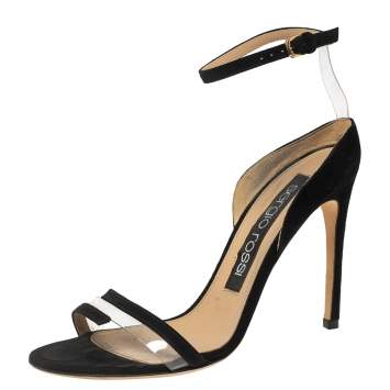 Pre Owned Sergio Rossi Black Suede And PVC Ankle Strap Sandals Size 37