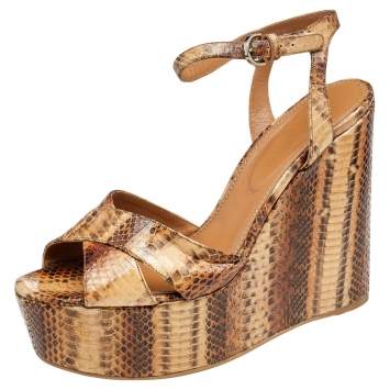 Pre Owned Sergio Rossi Brown Snakeskin Platform Wedge Sandals Size 39