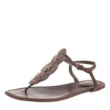 Pre Owned Sergio Rossi Brown Leather Ankle Strap Flats Size 40