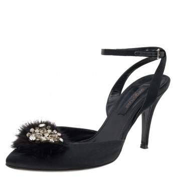 Pre Owned Sergio Rossi Black Fur And Satin Crystal Embellished Pointed Toe Ankle Strap Sandals Size 36