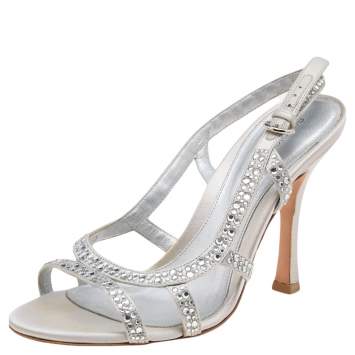 Pre Owned Sergio Rossi Silver Satin Crystal Embellished Slingback Sandals Size 36.5
