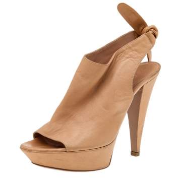 Pre Owned Sergio Rossi Beige Leather Platform Ankle Wrap Sandals Size 38