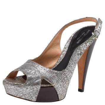 Pre Owned Sergio Rossi Silver Textured Leather Platform Slingback Sandals Size 40