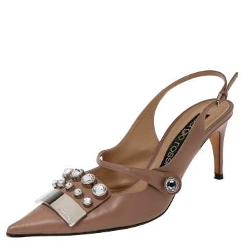 Pre Owned Sergio Rossi Beige Leather Crystal Slingback Sandals Size 40