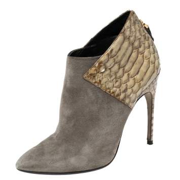 Pre Owned Sergio Rossi Light Olive Green Suede and Python Leather Ankle Booties Size 39