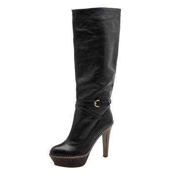 Pre Owned Sergio Rossi Black Leather Platform Knee Length Boots Size 39