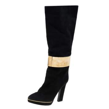 Pre Owned Sergio Rossi Black Suede Metal Cuff Knee Length Boots Size 39.5