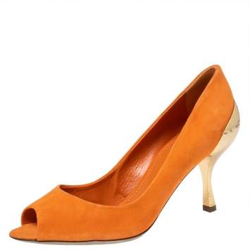 Pre Owned Sergio Rossi Orange Suede  Peep Toe Golden Heel Pumps Size 38