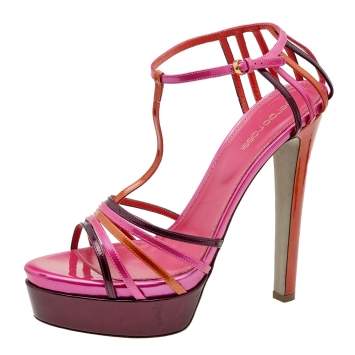 Pre Owned Sergio Rossi Multicolor Patent Leather T-Strap Platform Sandals Size 40