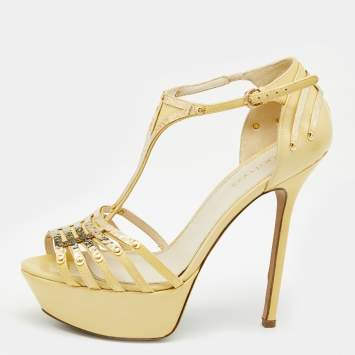 Pre Owned Sergio Rossi Cream Patent Leather Embellished Strappy Platform Sandals Size 36.5