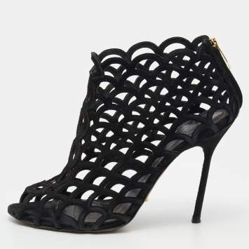 Pre Owned Sergio Rossi Black Suede Cut Out Open Toe Ankle Length Booties Size 36