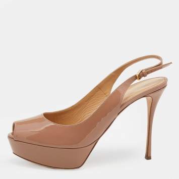 مملوكة مسبقًا Sergio Rossi Beige Patent Leather Peep Toe Platform Slingback Sandals Size 38.5