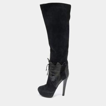 Pre Owned Sergio Rossi Black Suede and Python Platform Ankle Boots Size 38