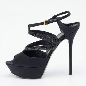 Pre Owned Sergio Rossi Black Satin Embellished  Ankle Strap Sandals Size 39