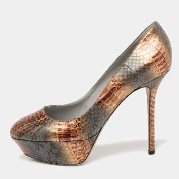 Pre Owned Sergio Rossi Metallic Brown/Grey Water Snake Platform Pumps Size 39