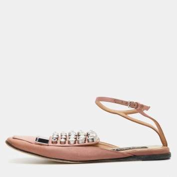 Pre Owned Sergio Rossi Old Rose Satin Crystal Embellished Ankle Strap Flats Size 36