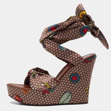 مملوكة مسبقًا Sergio Rossi Multicolor Printed Satin Ankle-Wrap Wedge Platform Sandals Size 40
