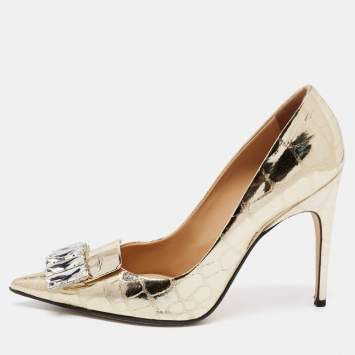 Pre Owned Sergio Rossi Metallic Gold Croc Embossed Crystal Embellished SR1 Pointed Toe Pumps Size 40