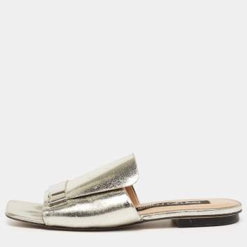 مملوكة مسبقًا Sergio Rossi Metallic Silver Leather SR1 Flat Slide Sandals Size 38