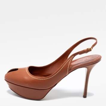 Pre Owned Sergio Rossi Brown Leather Peep Toe Platform Slingback Sandals Size 39.5