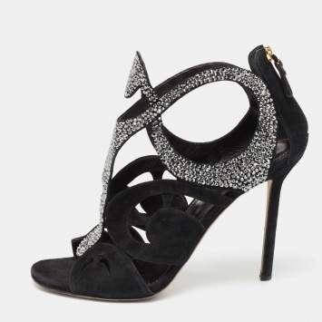 Pre Owned Sergio Rossi Black Suede Crystal Embellished Sandals Size 38.5