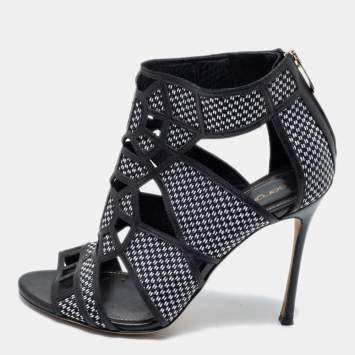 Pre Owned Sergio Rossi Black/White  Woven Straw And Leather Cutout Ankle Boots Size 36