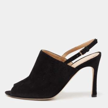 Pre Owned Sergio Rossi Black Suede Peep Toe Slingback Sandals Size 37.5