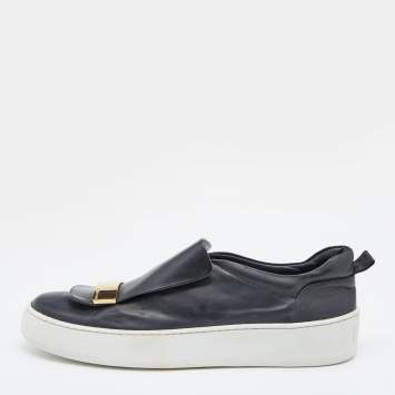 Pre Owned Sergio Rossi Black/Gold Leather Metal logo Plate Leather Addict Sneakers Size 41