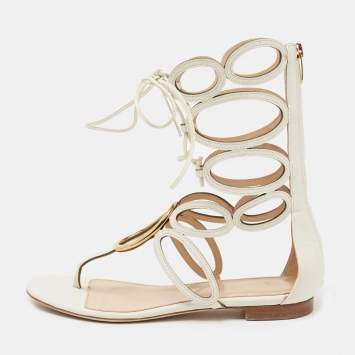 Pre Owned Sergio Rossi Cream Leather Oval Cutout Gladiator Sandals Size 38