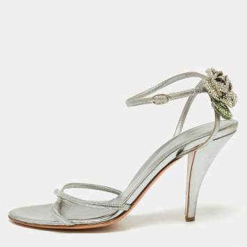 Pre Owned Sergio Rossi Silver Leather Crystal Embellished Ankle Strap Sandals Size 38.5