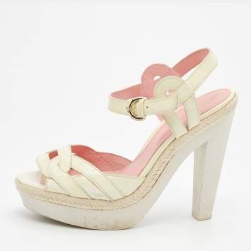 Pre Owned Sergio Rossi Cream Patent Leather Platform Espadrille Ankle Strap Sandals Size 39