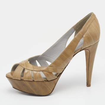 Pre Owned Sergio Rossi Olive Green Eel Leather Cutout Peep Toe Platform Pumps Size 37