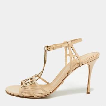 Pre Owned Sergio Rossi Beige Strappy Patent Leather Cubic Ankle Strap Sandals Size 37