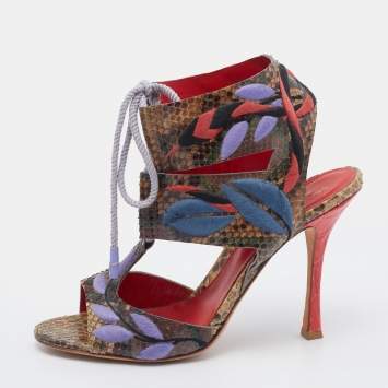 Pre Owned Sergio Rossi Multicolor Embroidered Python Ankle Tie Up Sandals Size 40