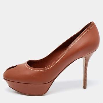 مملوكة مسبقًا Sergio Rossi Brown Leather Peep Toe Platform Pumps Size 39
