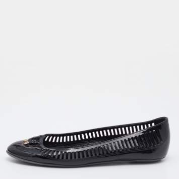 Pre Owned Sergio Rossi Black Laser Cut Patent Leather Ballet Flats Size 37.5