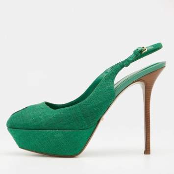 Pre Owned Sergio Rossi Green Canvas Platform Peep Toe Ankle Strap Sandals Size 40