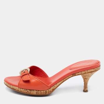 Pre Owned Sergio Rossi Orange Leather Buckle Detail Cork Heel Slide Sandals Size 36.5