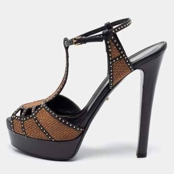 Pre Owned Sergio Rossi Black/Brown Leather Studded Platform Ankle Strap Sandals Size 41
