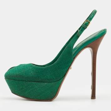 Pre Owned Sergio Rossi Green Canvas Cachet Peep Toe Platform Slingback Sandals Size 37