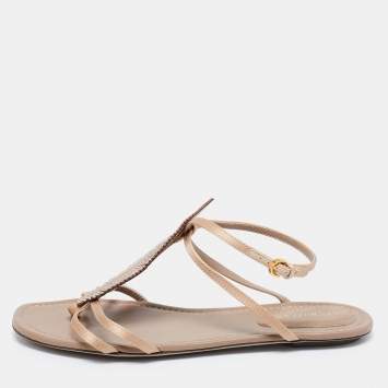 Pre Owned Sergio Rossi Beige Satin and Leather Crystal Embellished Leaf Flat Ankle-Strap Sandals Size 37.5