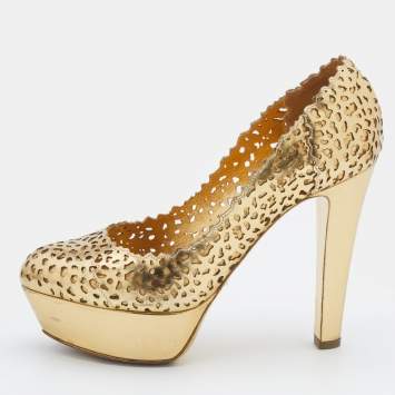 Pre Owned Sergio Rossi Metallic Gold Laser Cut Leather Platform Pumps Size 36.5