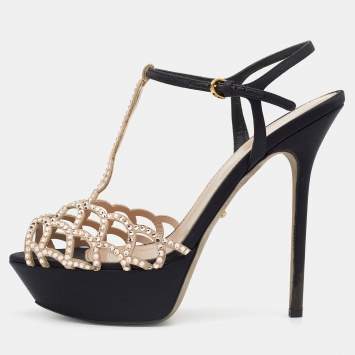Pre Owned Sergio Rossi Black/Beige Satin And Suede Crystal Embellished Strappy Scalloped Platform Sandals Size 40