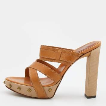 Pre Owned Sergio Rossi Tan Leather Strappy Studded Platform Sandals Size 40
